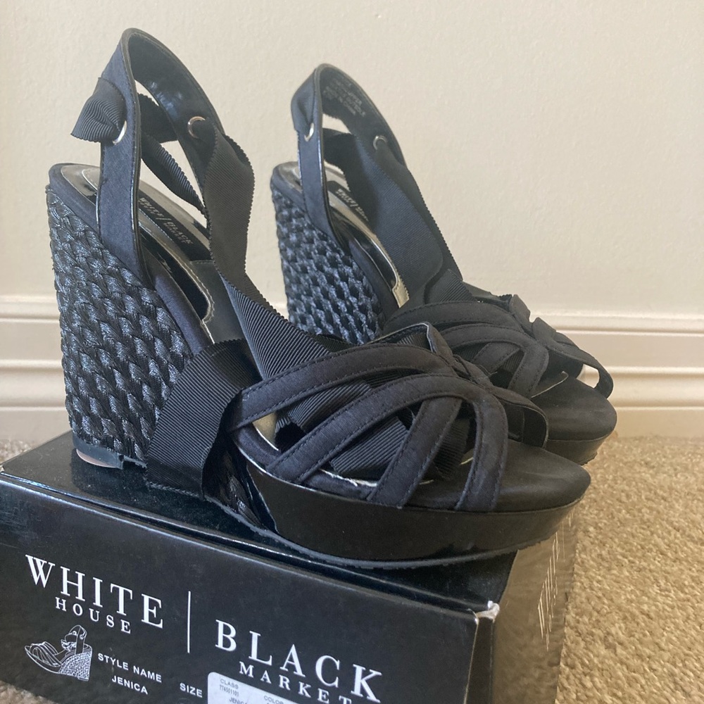 White House Black Market Black Wrap Heel Wedge Ribbon